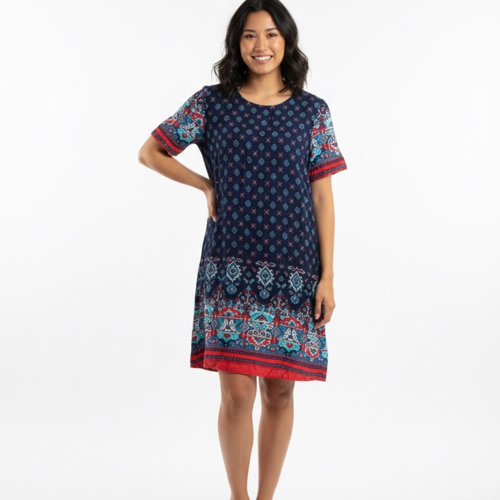 Navy Blue Patterned Short Sleeve Shift Dress